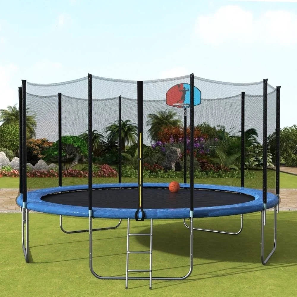 15& Round Trampoline with Safety Enclosure, Basketball Hoop and Ladder N857574