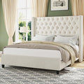 King Upholstered Bed Frame with Tall Headboard Wingback Platform Bed Tufted Deep Button Velvet Light Grey C724306