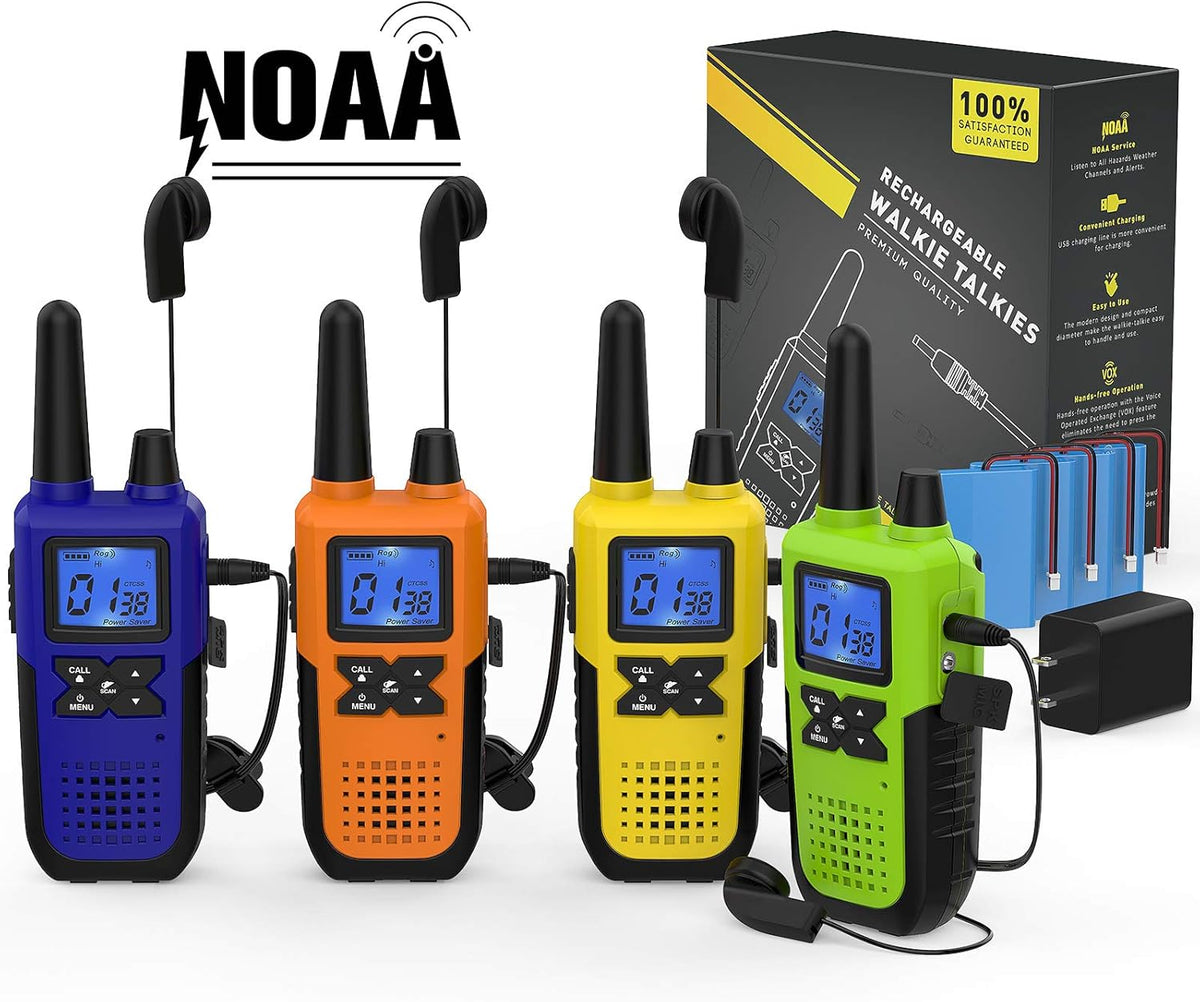 4 Pack Long Range 2 Way Radios Walkie Talkies with Earpiece and Mic USB Charger Battery Weather Alert E7485