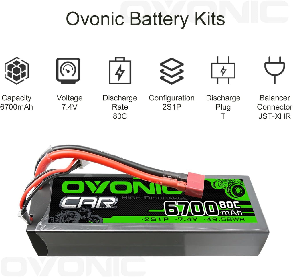 2S Lipo Battery 80C 6700mAh 7.4V Hard Case with Dean-Style T Connector for RC Car (2 Packs) G80077