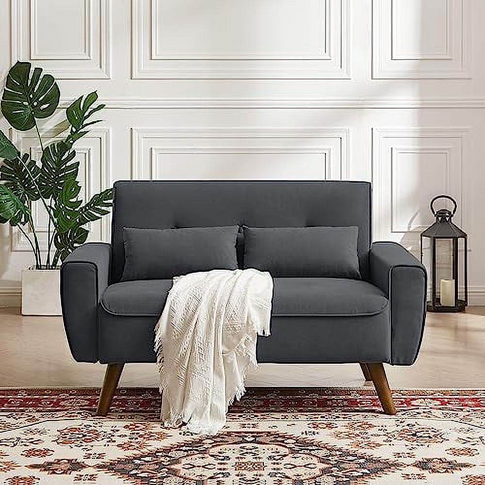 48" Linen Loveseat Sofa with 2 Throw Pillows and Wooden Legs F9905