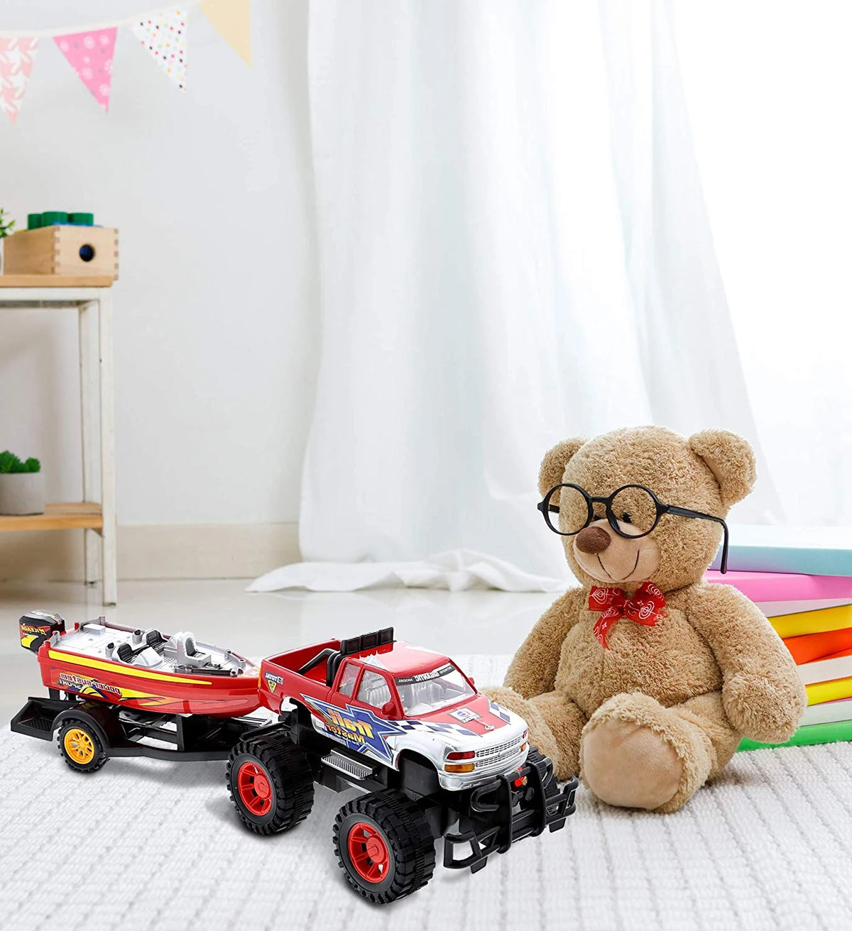 Red Black 9 Inch Truck with Detachable Trailer and 10 Inch Boat Friction Push Powered Playset Y956
