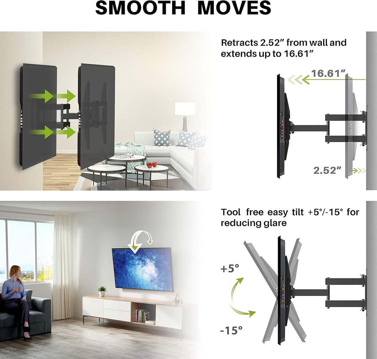 Full Motion TV Wall Mount for 37-75 inch TV, Up to 132lbs, Dual Articulating Arms, Max VESA 600x400mm, Pack of 2 S626