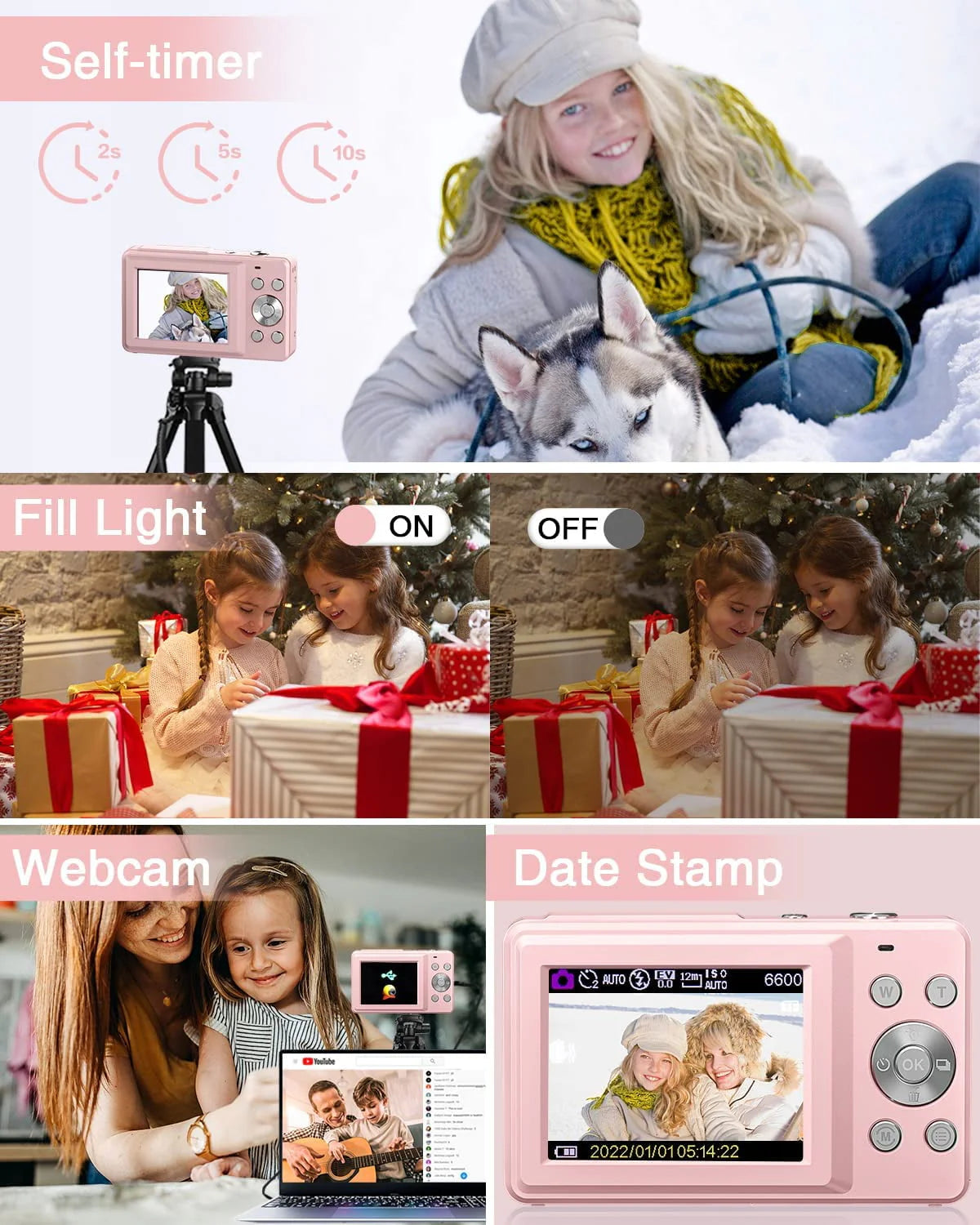 Black 1080P 44MP Kids Digital Camera with 16X Zoom W7228
