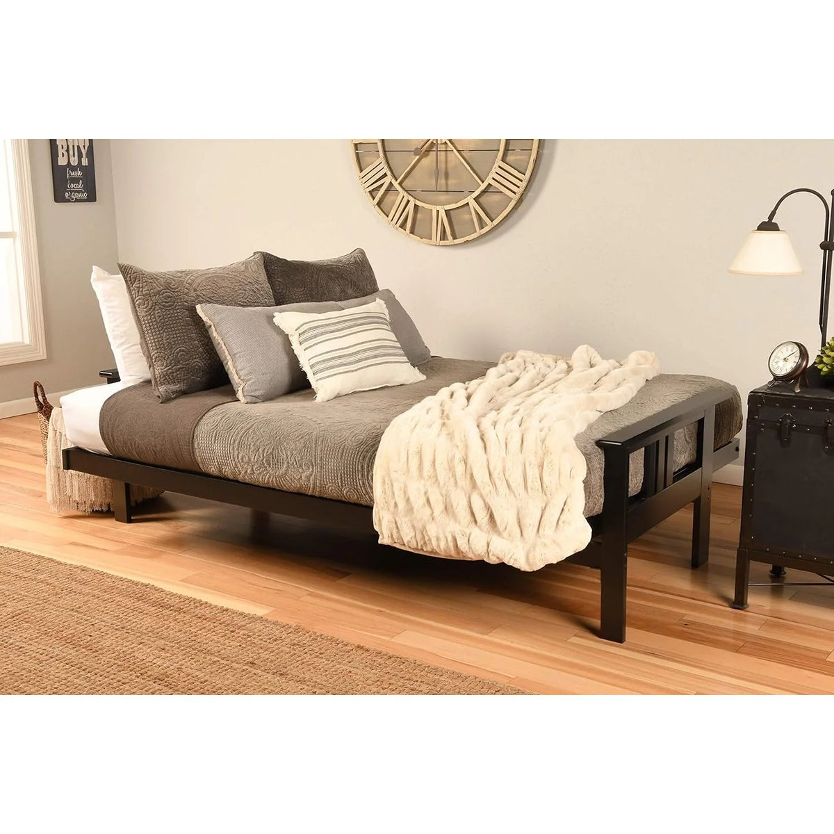 Black Futon Frame with Aqua Linen Mattress G566
