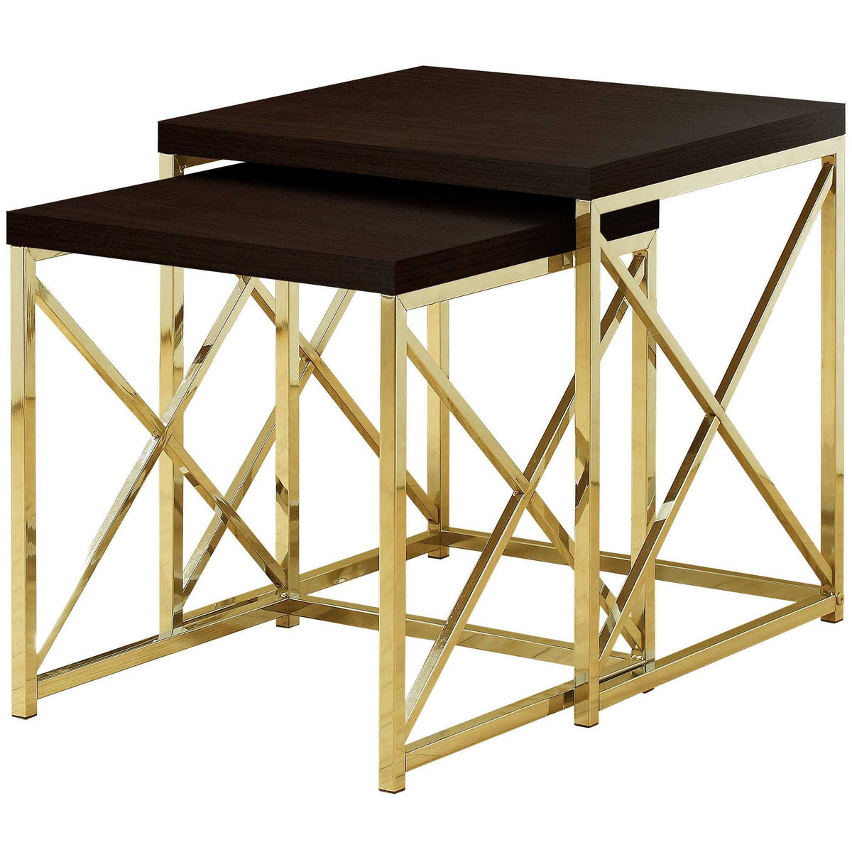 Cappuccino Gold Particle Board Metal 2pcs Nesting Table Set F9538