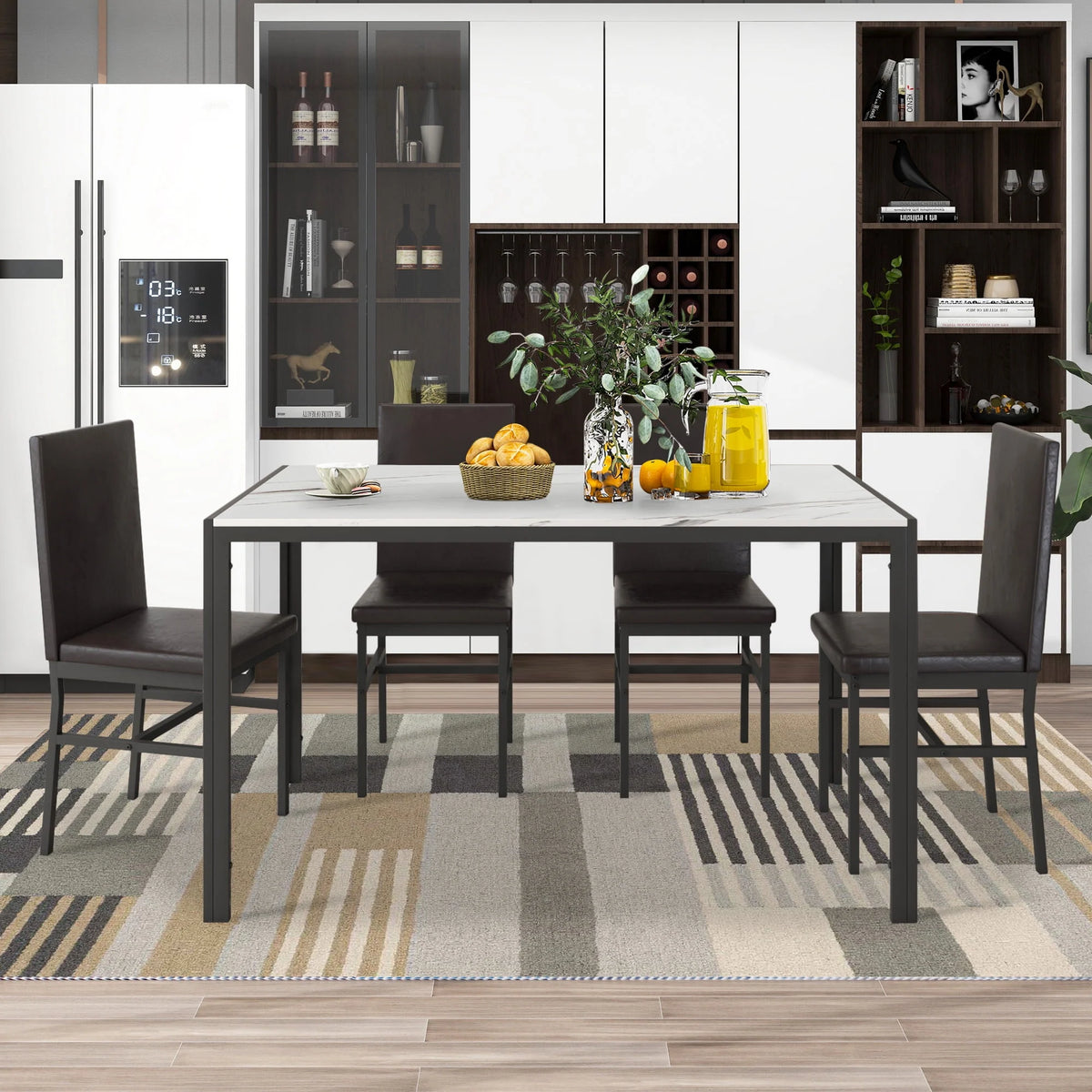 5-Piece Faux Marble Top Velvet Dining Table Set L5169