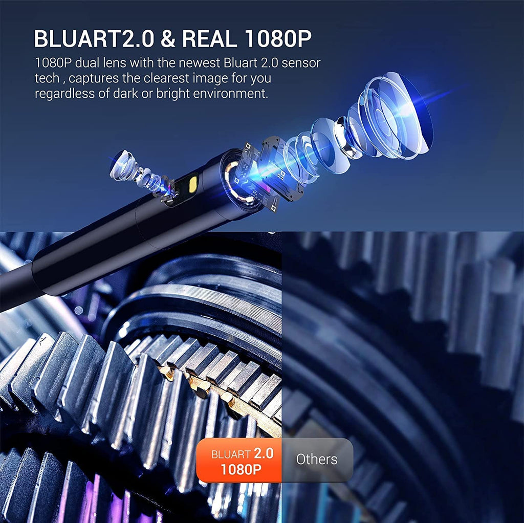 Dual Lens Endoscope with 50FT Semi-Rigid Cable, 1080P Borescope Inspection Camera, 7.9mm, IP67 Waterproof, 7 LED Lights Z5205