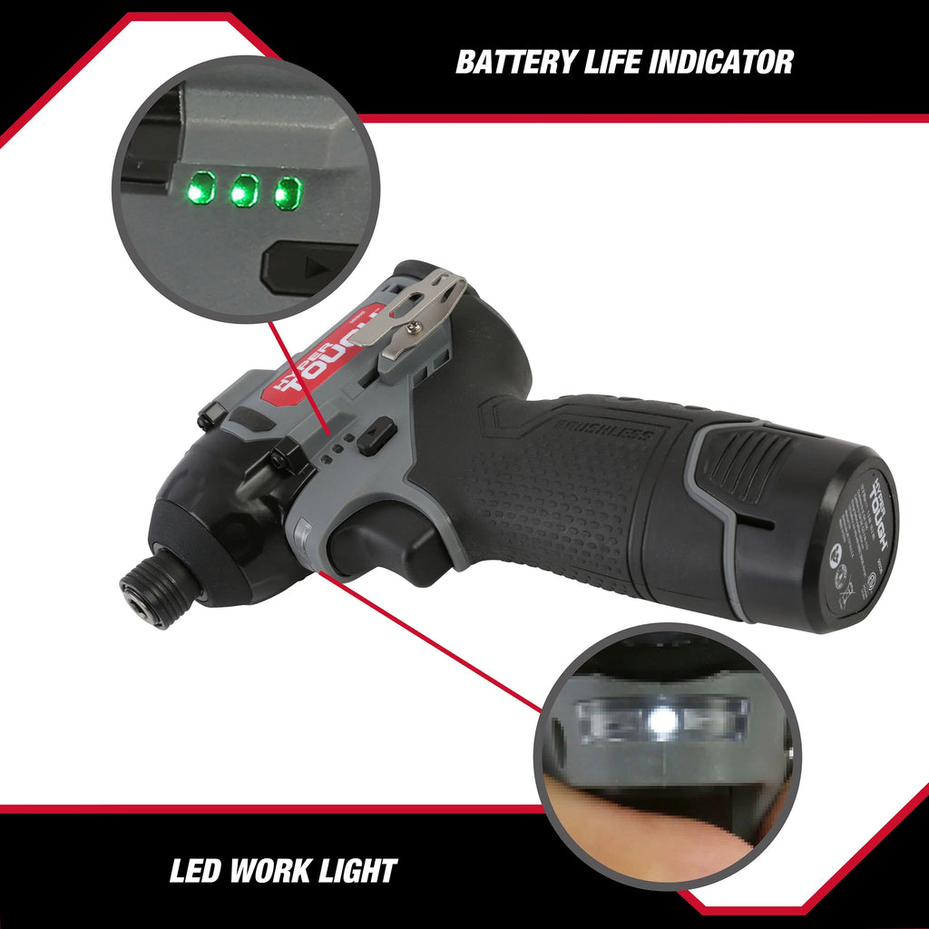 12V Max Lithium-Ion Cordless Brushless Impact Driver with Battery and Charger E724