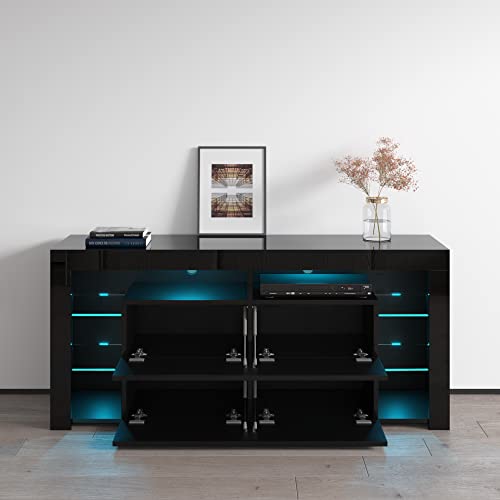 Modern High Gloss 61" TV Stand with Storage Cabinets and LED Lights A7332