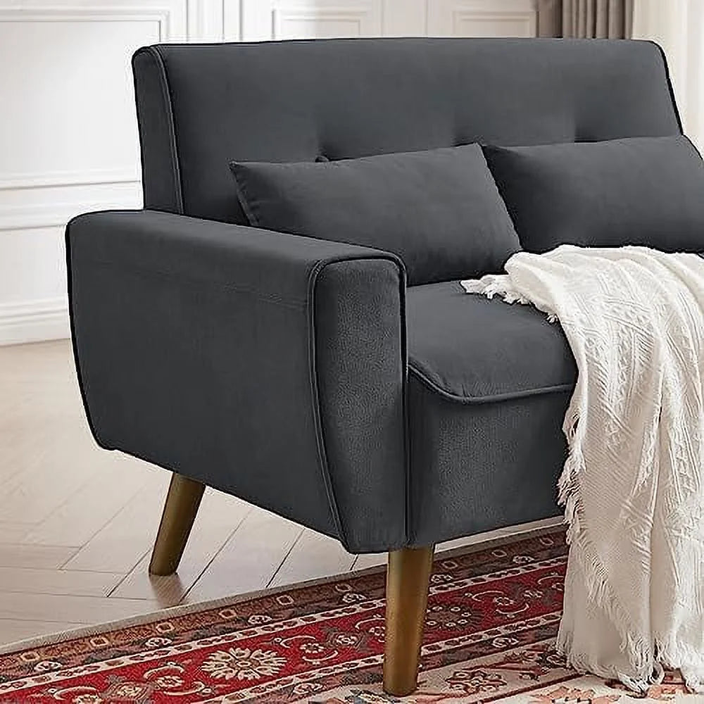 48" Linen Loveseat Sofa with 2 Throw Pillows and Wooden Legs F9905