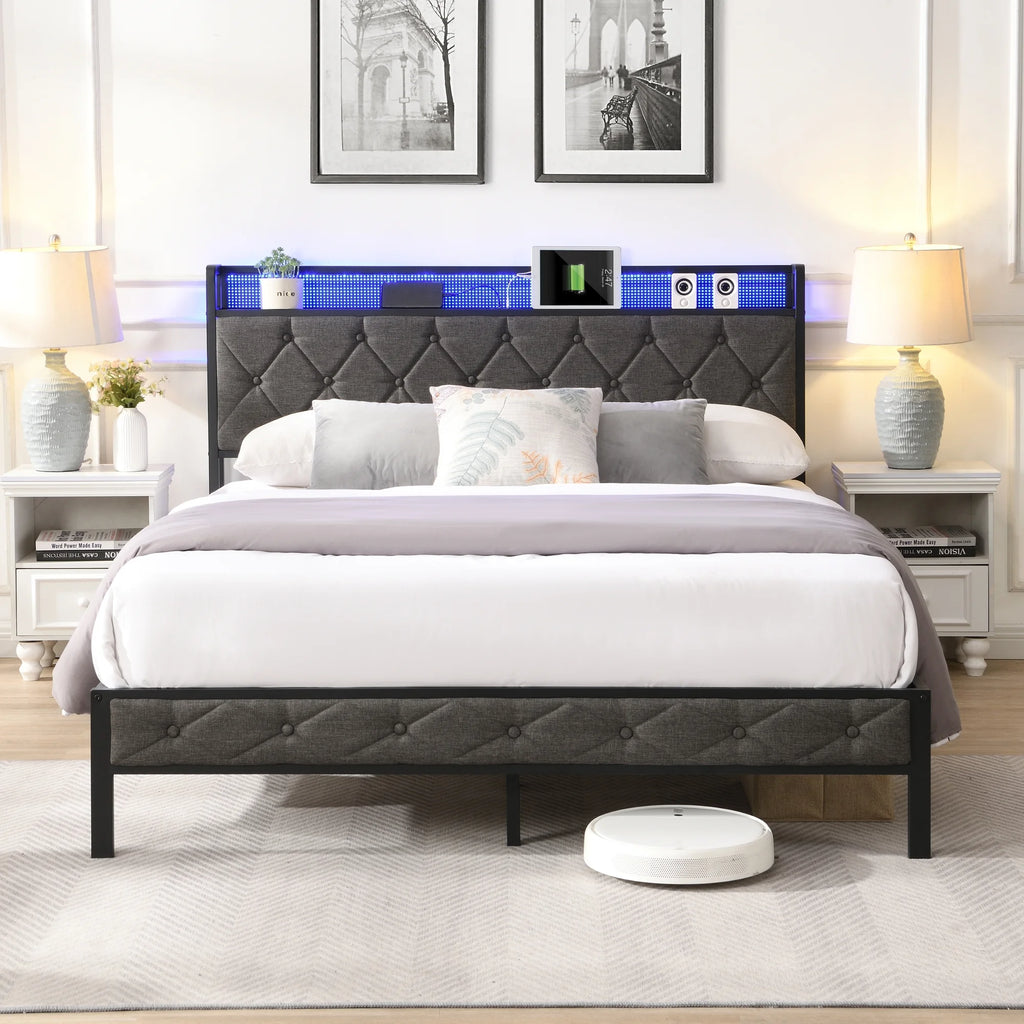 Full Size Upholstered Platform Bed with Storage Headboard S26693