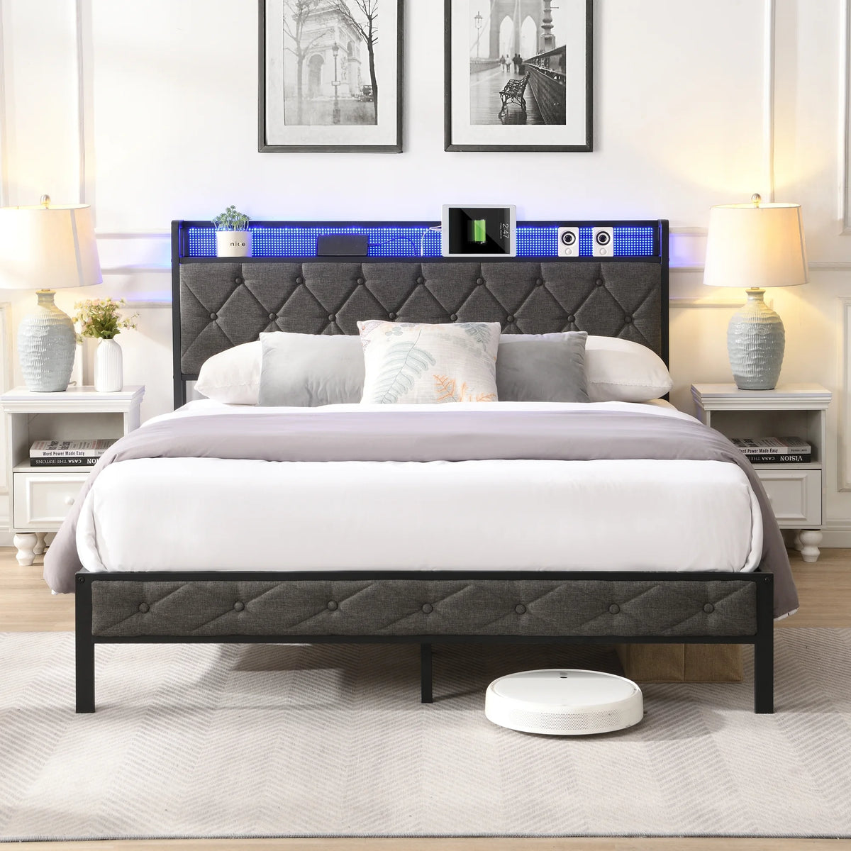 Full Size Upholstered Platform Bed with Storage Headboard S26693