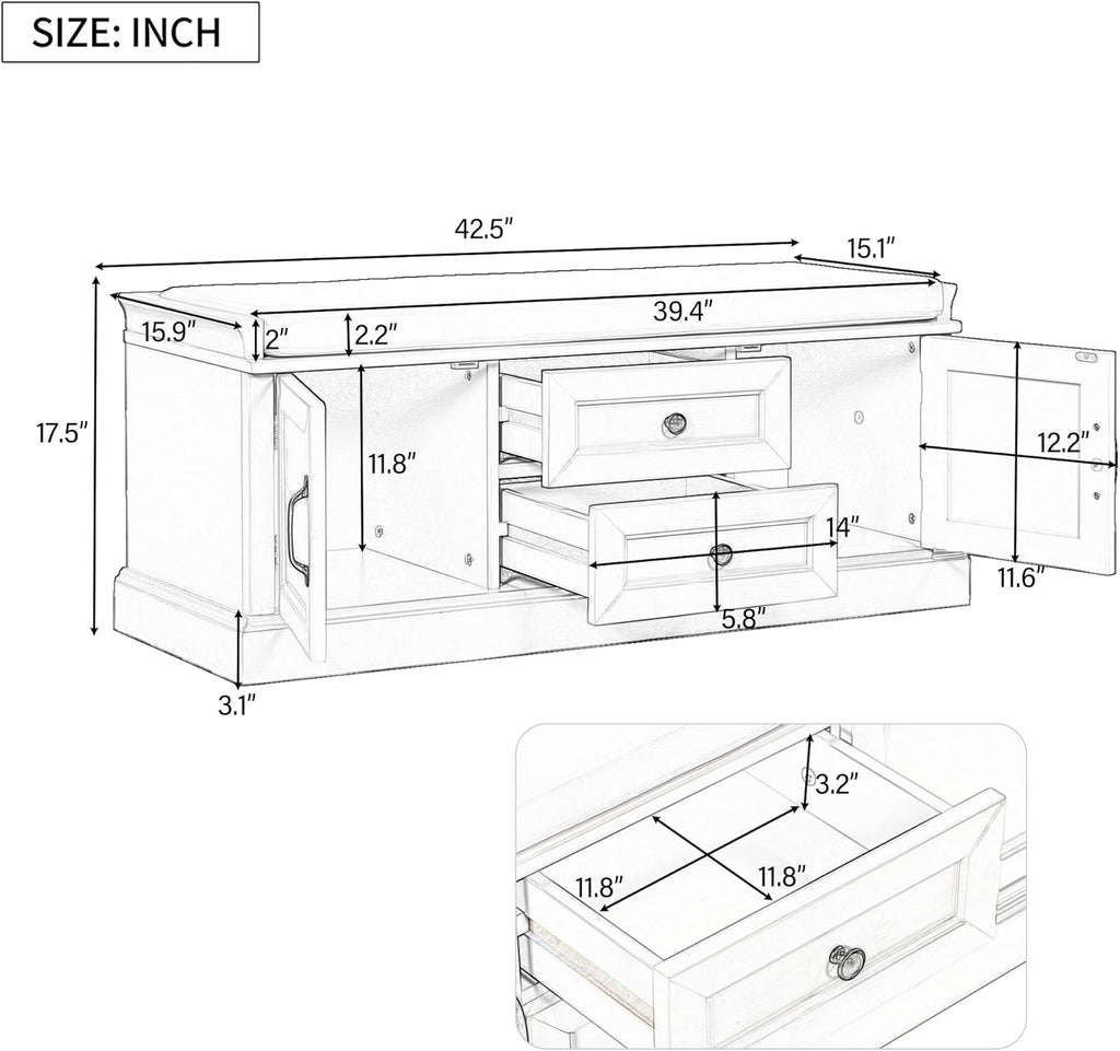 Black Storage Bench with 2 Drawers and 2 Cabinets with Removable Cushion G28125