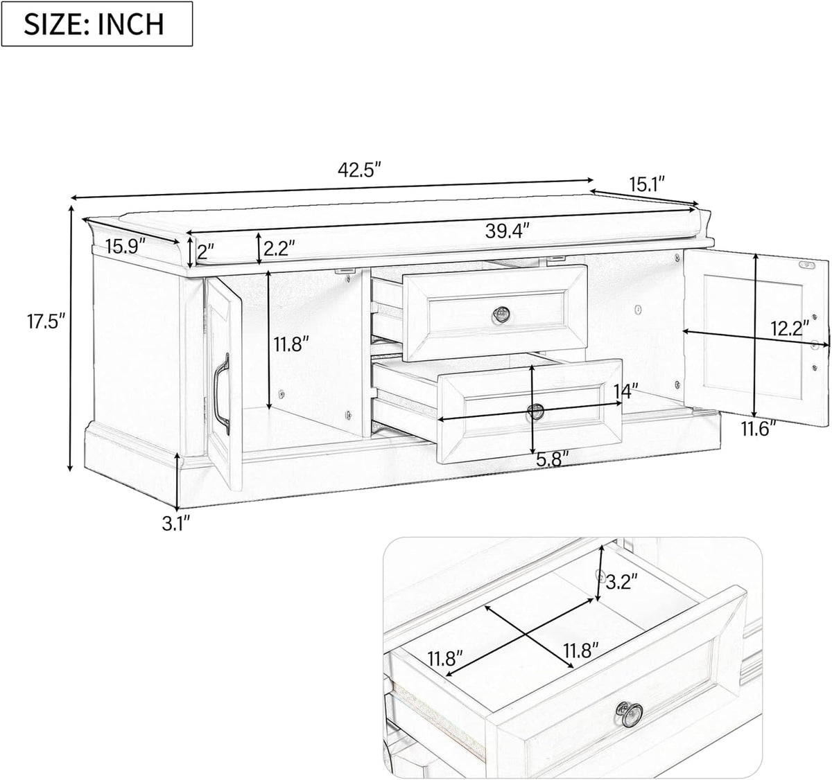 Black Storage Bench with 2 Drawers and 2 Cabinets with Removable Cushion G28125