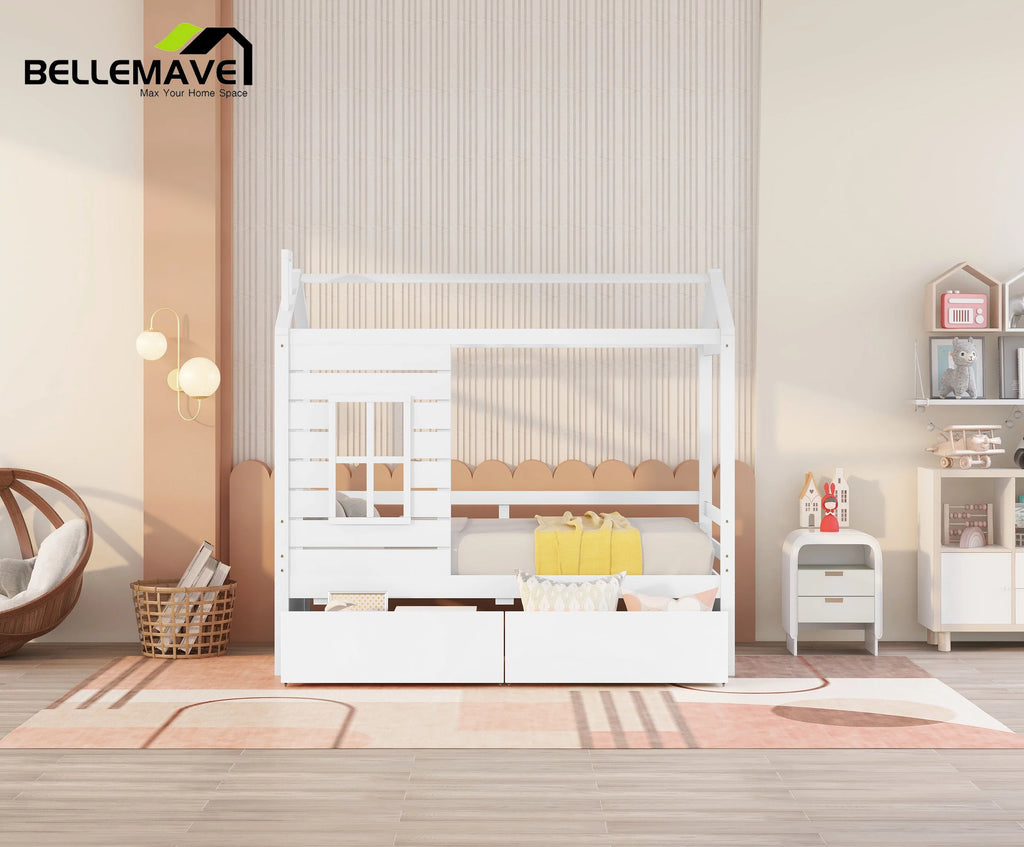 White Twin Size Wooden House Bed with Drawers and Guard Rails Z78244
