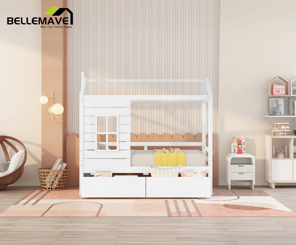 White Twin Size Wooden House Bed with Drawers and Guard Rails Z78244