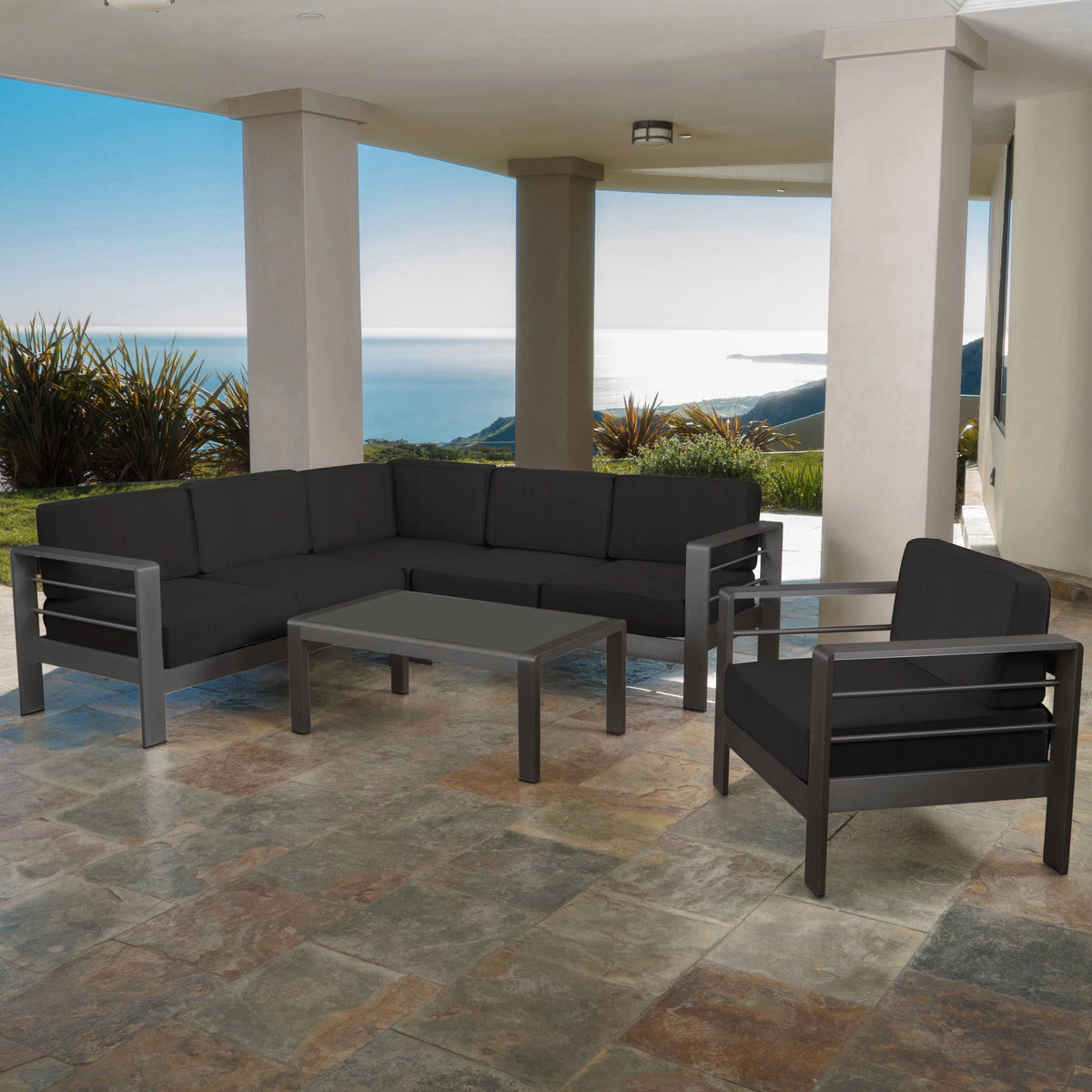 5 Piece Aluminum V-Shape Sectional Sofa Set with Cushions, Grey X6526