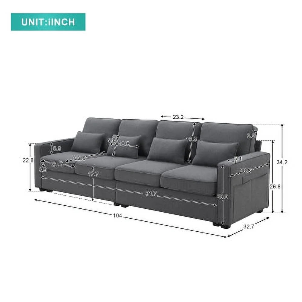 Linen Fabric Sofa with Armrest Pockets and 4 Pillows J67452