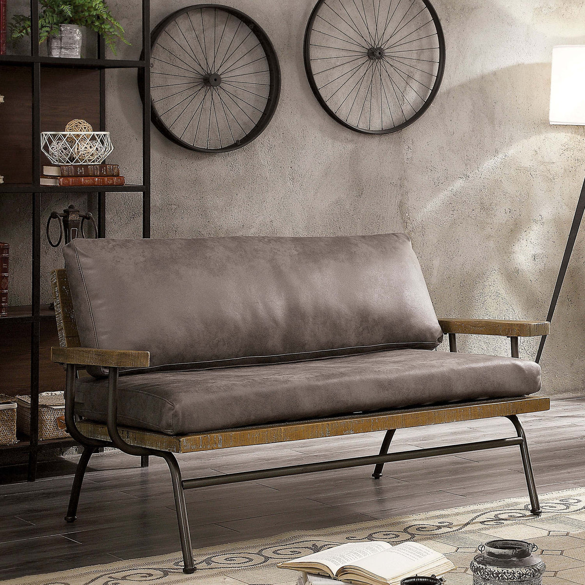 Rustic Cushioned 2-Seater Brown Faux Leather Loveseat B668748
