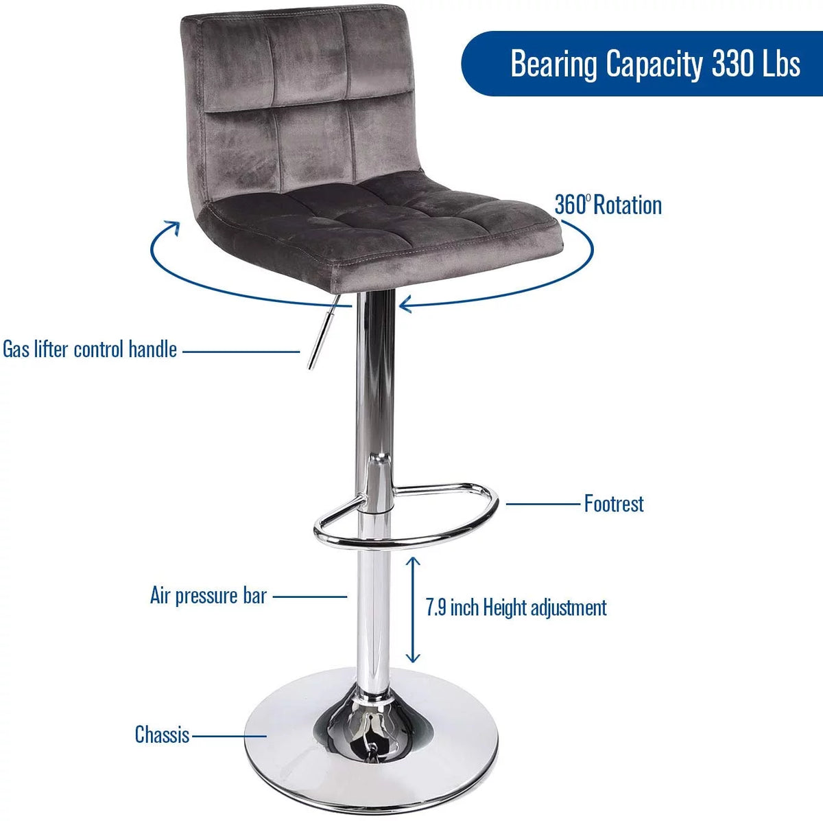 Set of 2 Gray Velvet Adjustable Swivel Bar Stool F6926