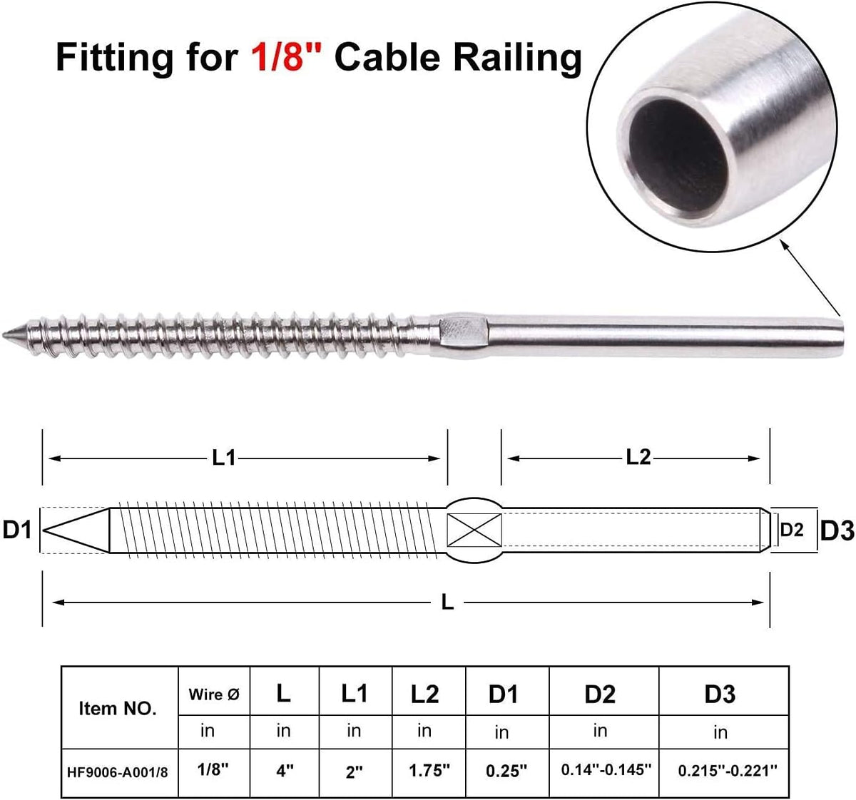 72 Pack T316 Stainless Steel Swage Lag Screws for 1/8 Cable Railing H72058