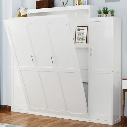 Queen Murphy Bed with 2 Wardrobes and Storage Shelf White B118469