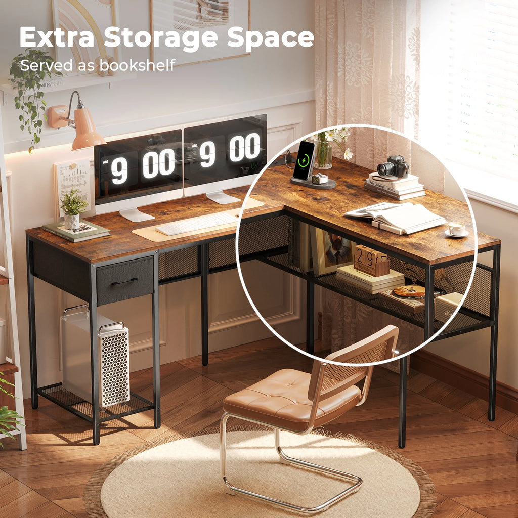 L Shaped Desk with Power Outlets and Storage Shelves R3728