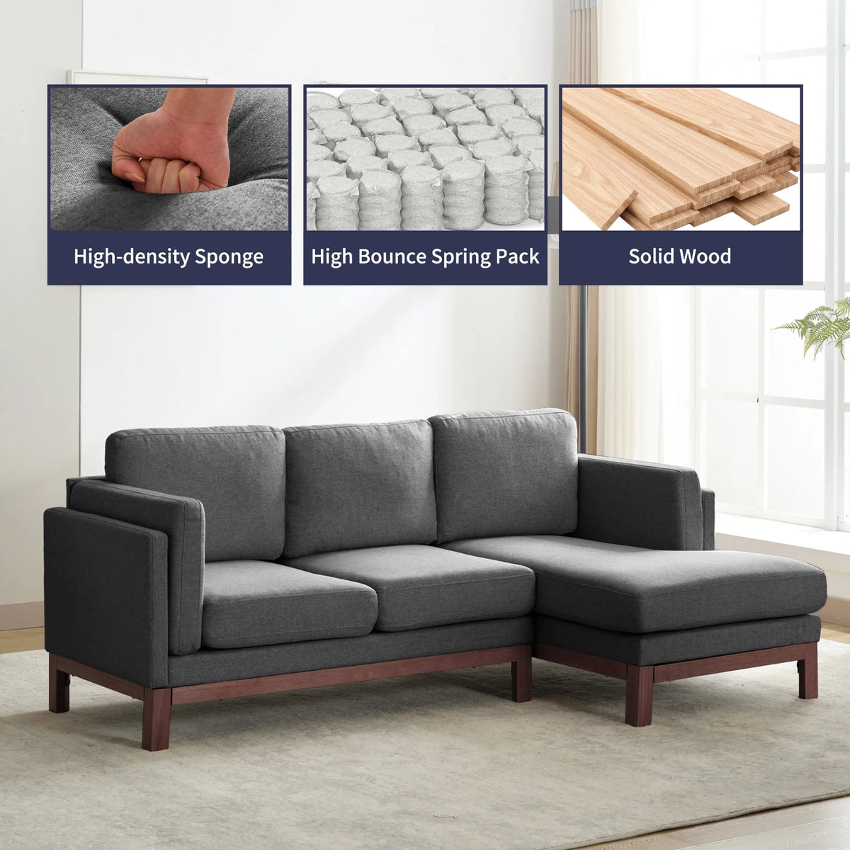 Dark Grey L-Shaped Sectional Sofa with Chaise Lounge J1246