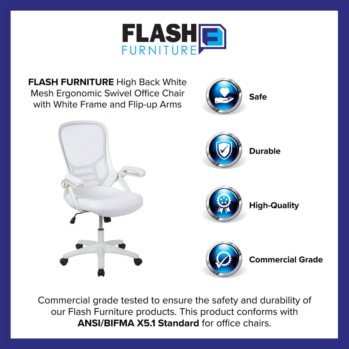 White High Back Mesh Ergonomic Swivel Office Chair with Flip Up Arms O631307