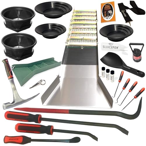 Gold Mining Kit; 50 inch Gold Sluice Box; Gold Prospecting Equipment; Rock Pick Hammer; Gold Classifiers; Pay Dirt Scoop; Crevice Tools F81203