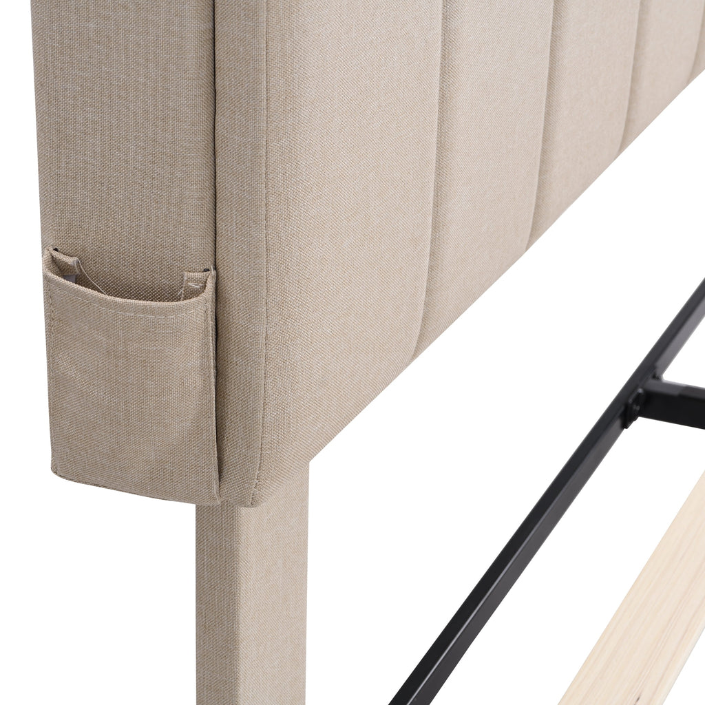 Queen Size Beige Linen Platform Bed with Storage Headboard and USB Port L12254