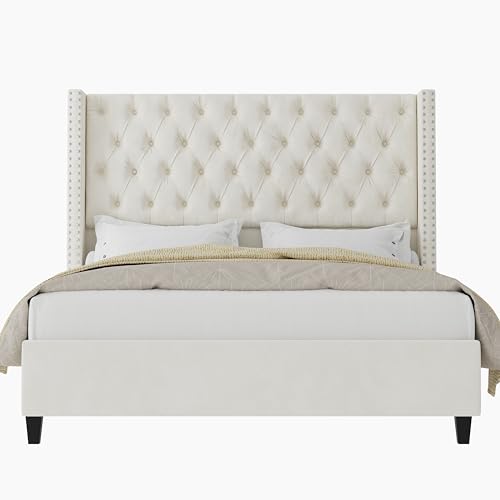 King Upholstered Bed Frame with Tall Headboard Wingback Platform Bed Tufted Deep Button Velvet Light Grey C724306