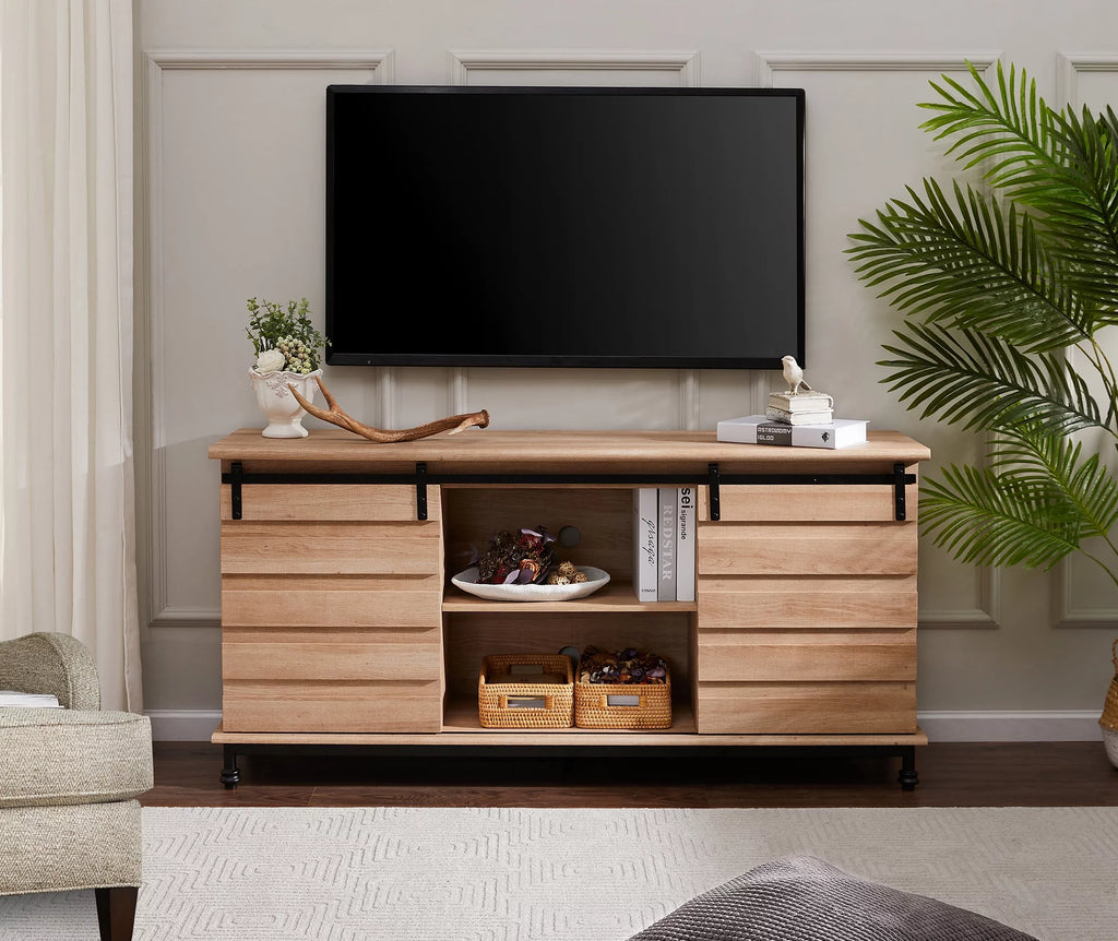 Light Brown TV Stand with Sliding Barn Door W52568