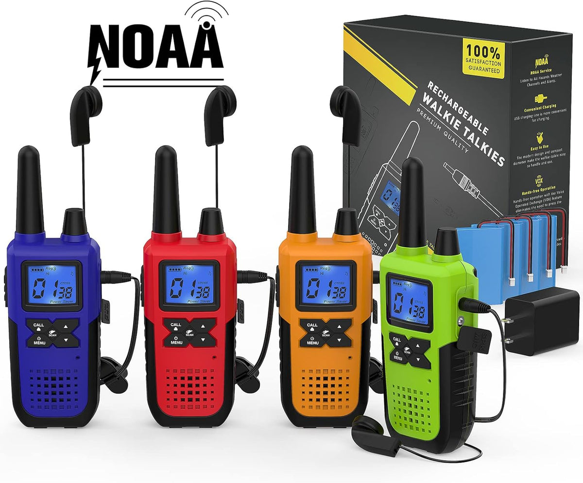 4 Pack Long Range 2 Way Radios Walkie Talkies with Earpiece and Mic USB Charger Battery Weather Alert E7485