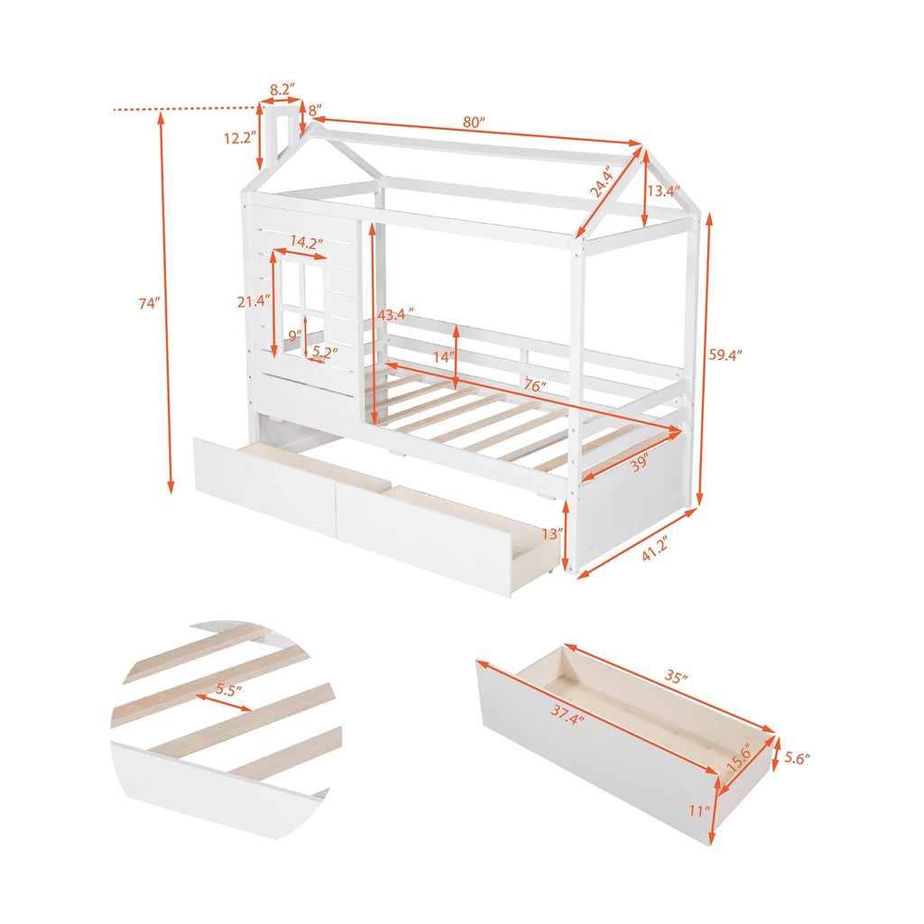 White Twin Size Wooden House Bed with Drawers and Guard Rails Z78244