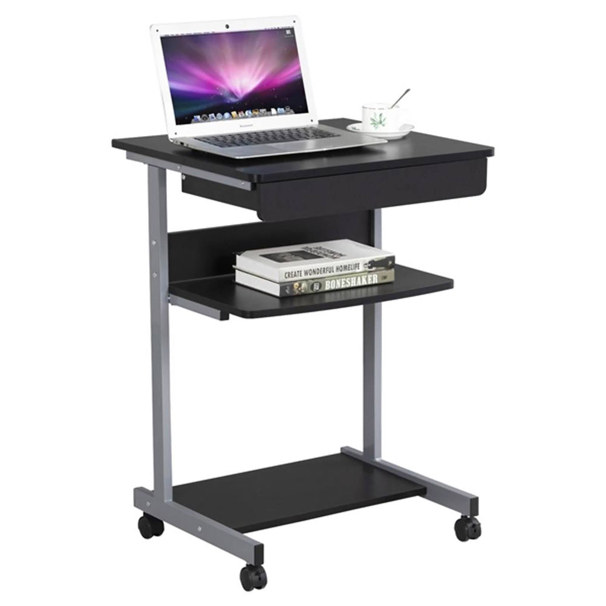 Compact Rolling Laptop Cart Desk with Drawer and Shelf G455968