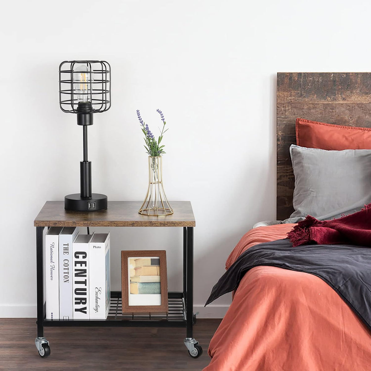 Rustic Brown and Black 2 Tier Printer Stand with Lockable Casters O3527