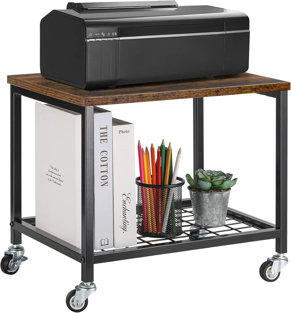 Rustic Brown and Black 2 Tier Printer Stand with Lockable Casters O3527