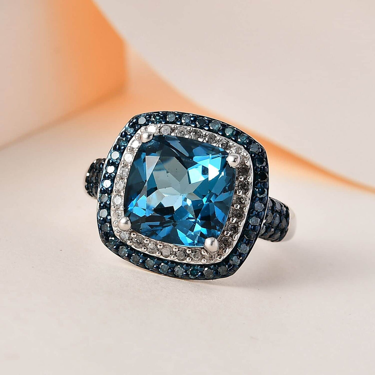 Blue Topaz Blue Diamond Cushion 925 Sterling Silver Platinum Plated Cocktail Ring Size 9 M747