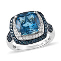 Blue Topaz Blue Diamond Cushion 925 Sterling Silver Platinum Plated Cocktail Ring Size 9 M747