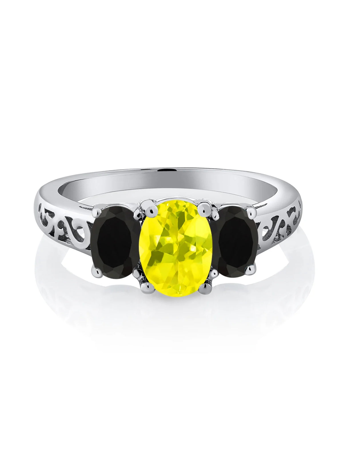 925 Sterling Silver Canary Mystic Topaz and Black Onyx 3 Stone Ring F7760