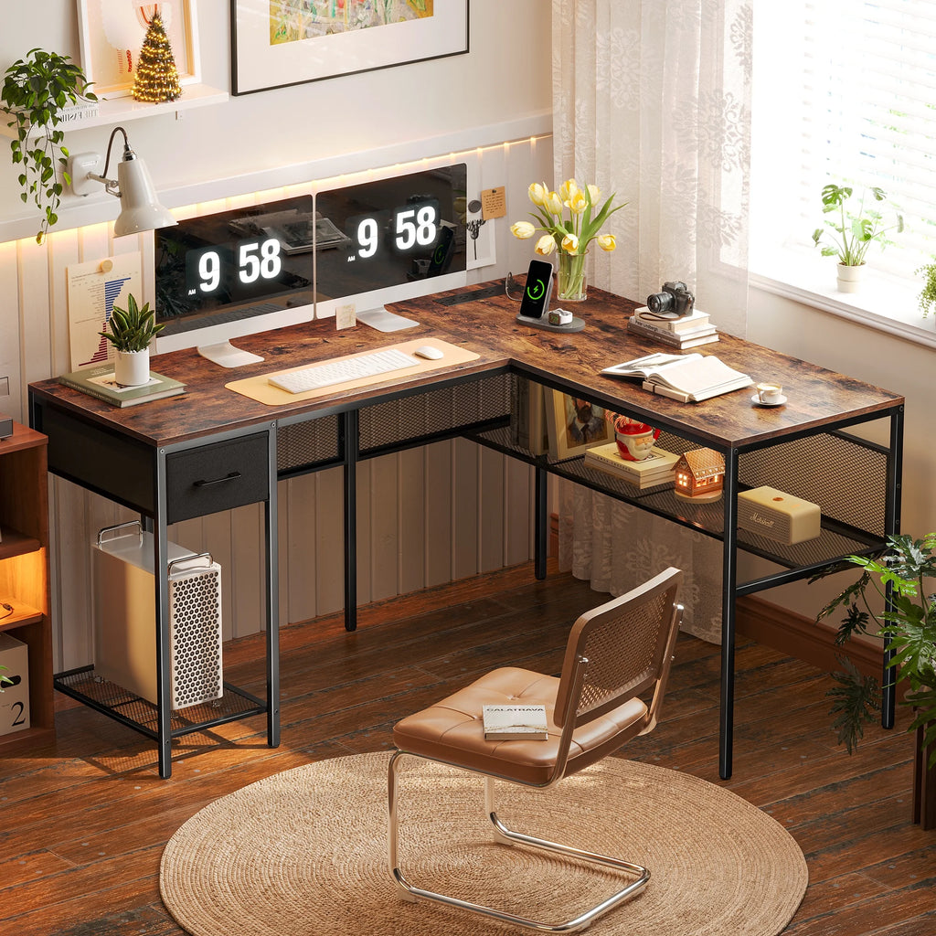 L Shaped Desk with Power Outlets and Storage Shelves R3728
