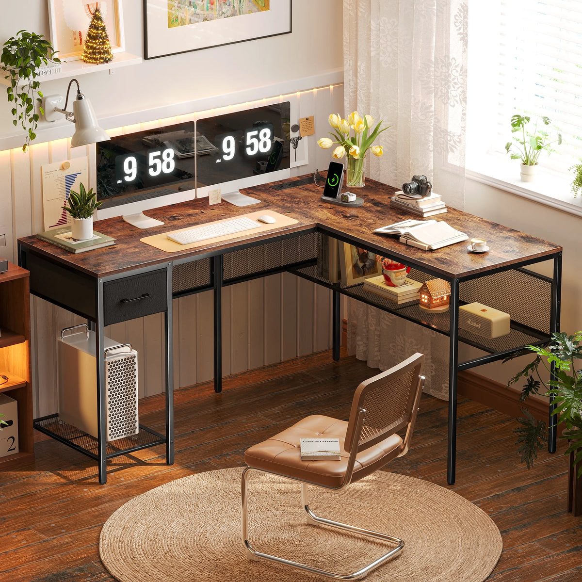 L Shaped Desk with Power Outlets and Storage Shelves R3728