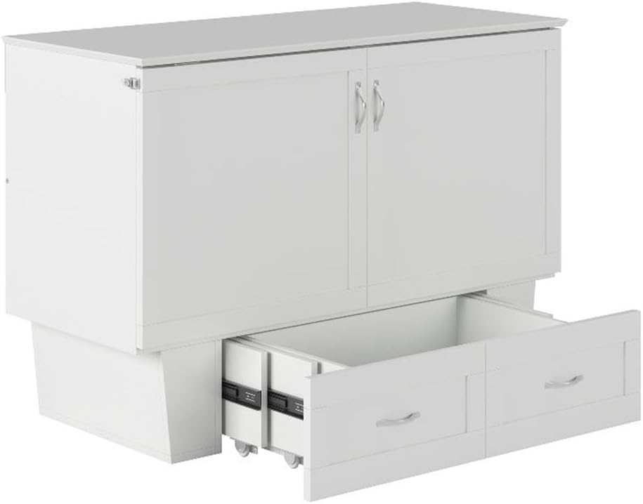 White Full Murphy Bed Chest with 6 inch Memory Foam Folding Mattress and Storage Drawer X78891