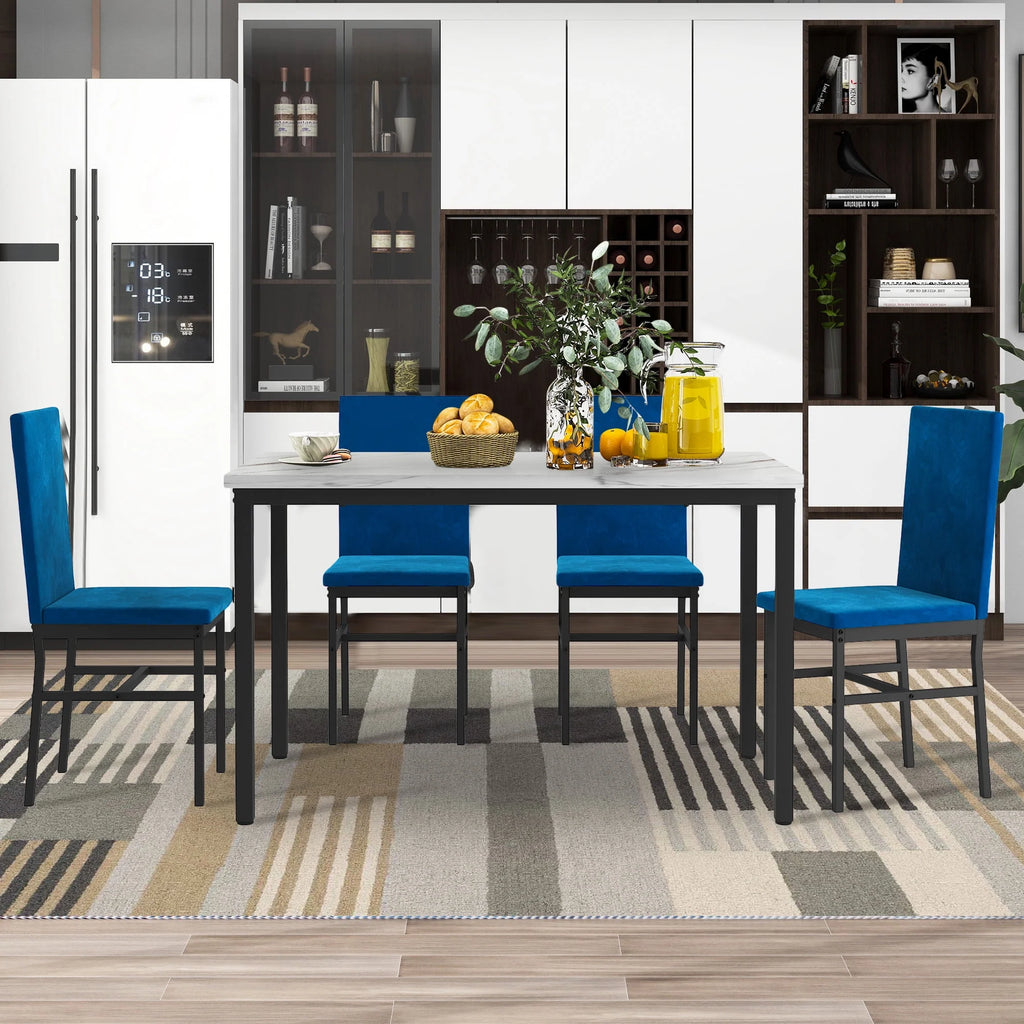 5-Piece Faux Marble Top Velvet Dining Table Set L5169