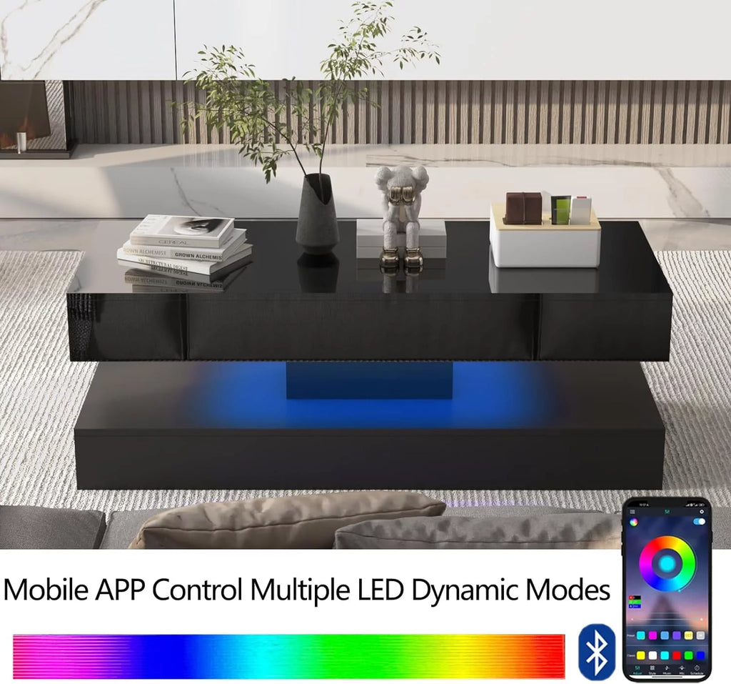 LED Coffee Table with 2 Storage Drawers, High Gloss Black Z570