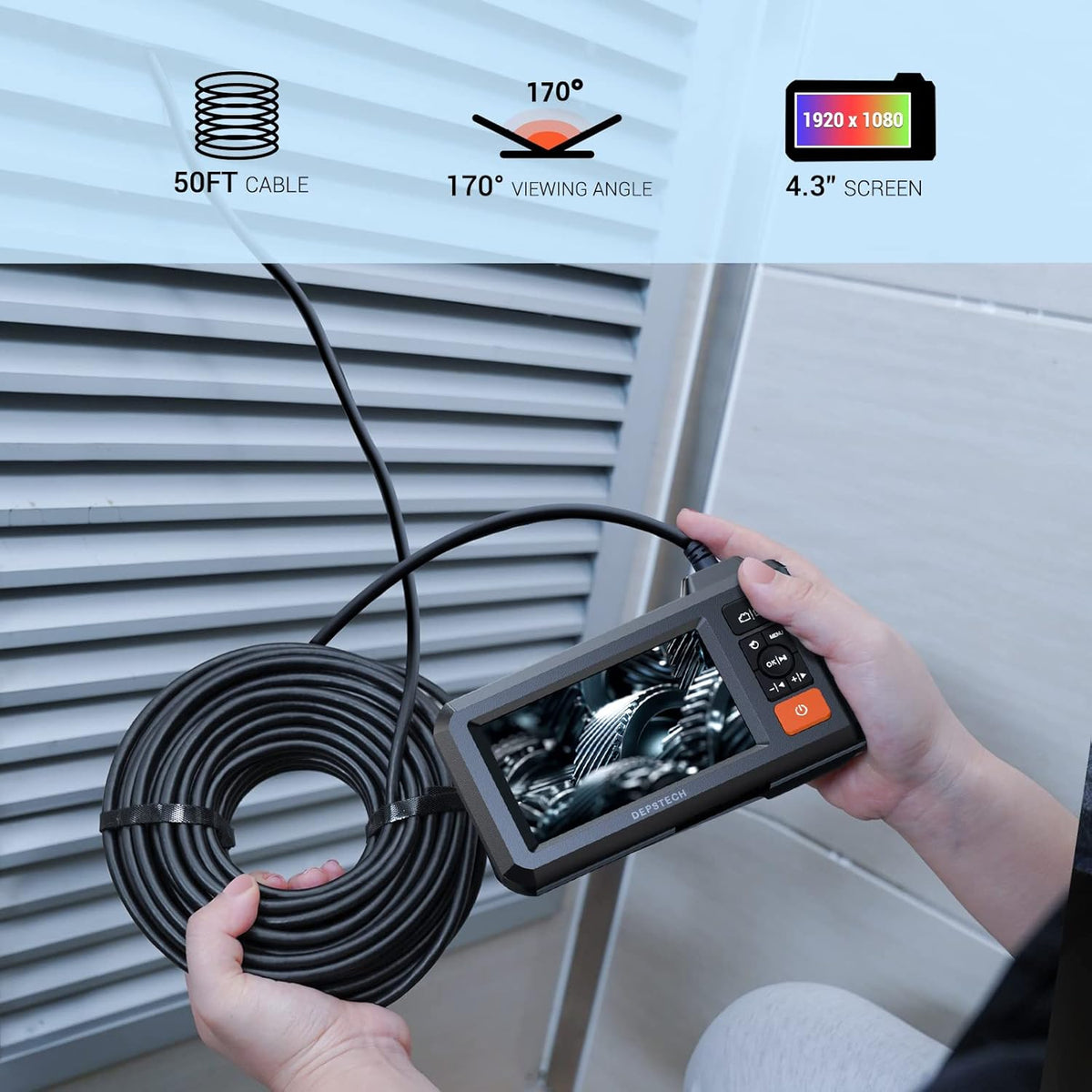 Dual Lens Endoscope with 50FT Semi-Rigid Cable, 1080P Borescope Inspection Camera, 7.9mm, IP67 Waterproof, 7 LED Lights Z5205