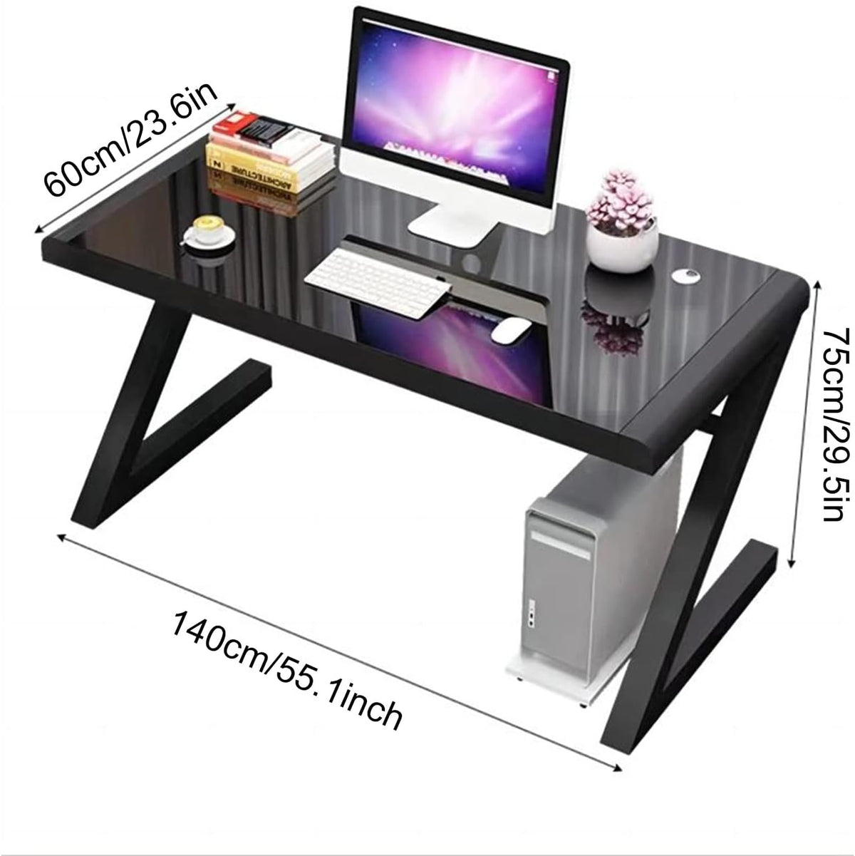 Black+White Tempered Glass Computer Desk with Keyboard Tray Q5776