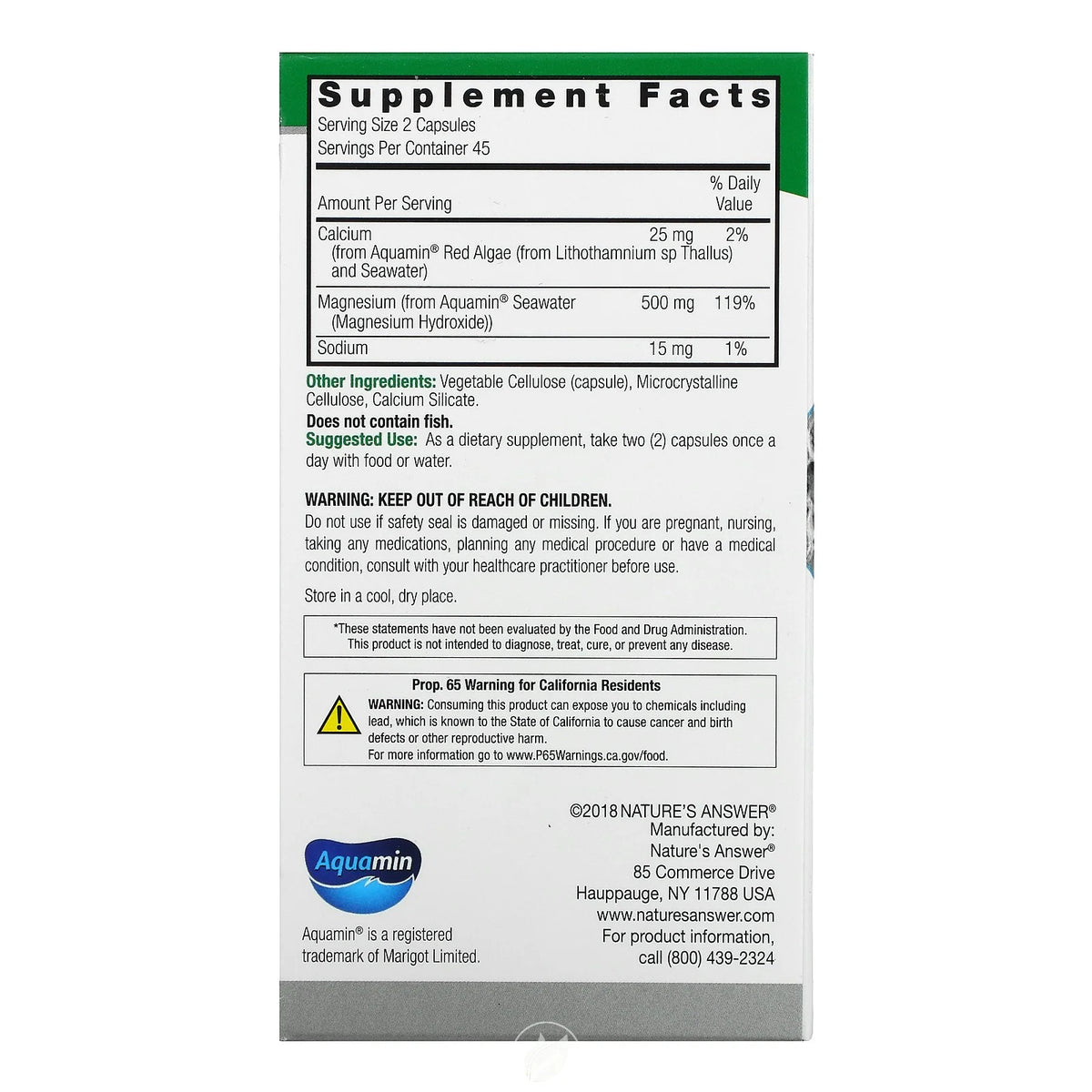 90 Vegetarian Capsules Marine Based Magnesium 500 Mg Pack of 2 O490
